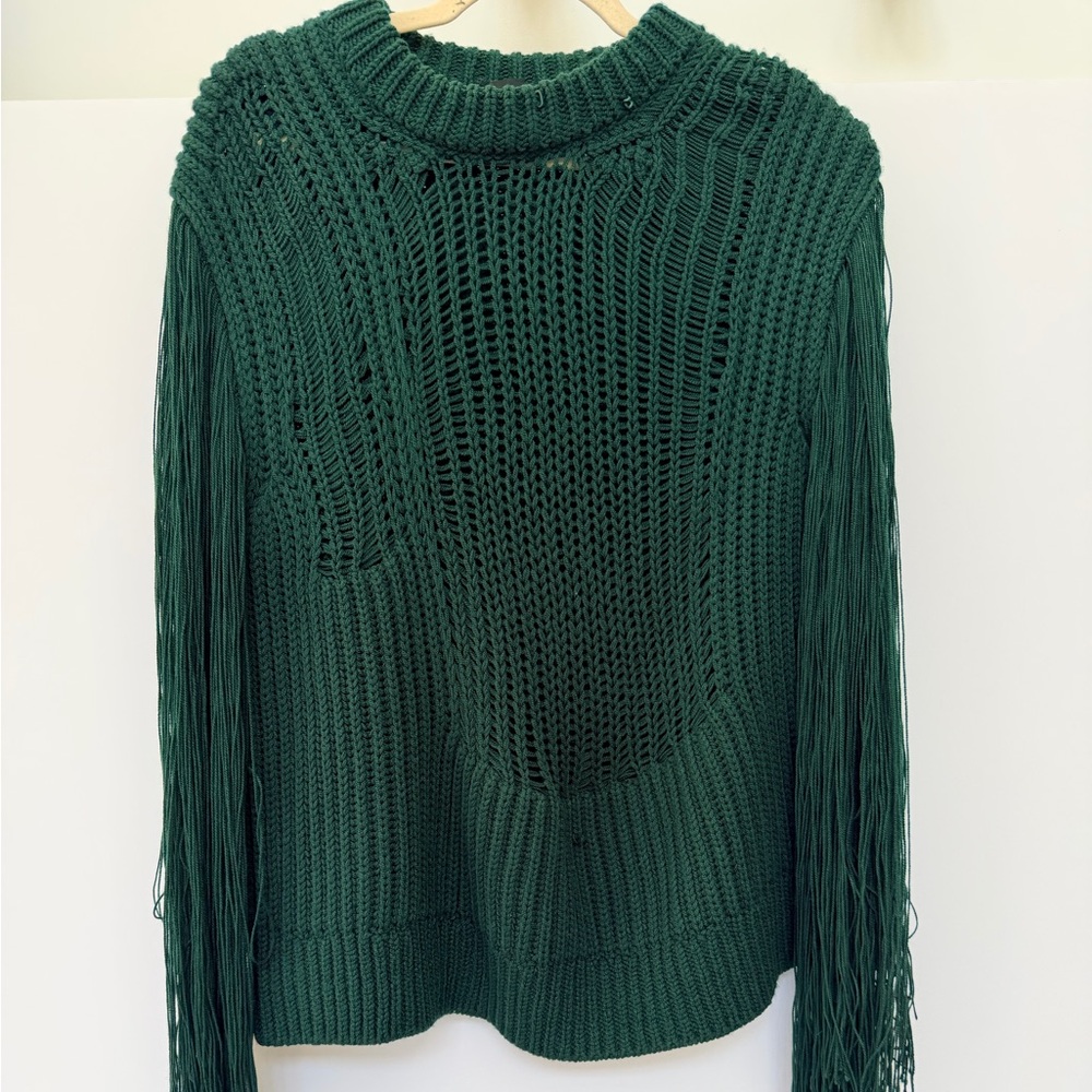 CALVIN KLEIN 205WEST39NYC COLLECTION HUNTER GREEN & FRINGE SLEEVES SWEATER